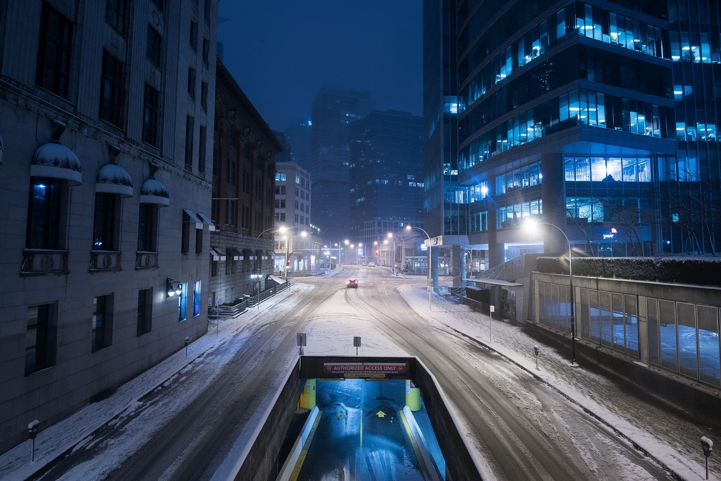 Downtown Vancouver street on a winter night